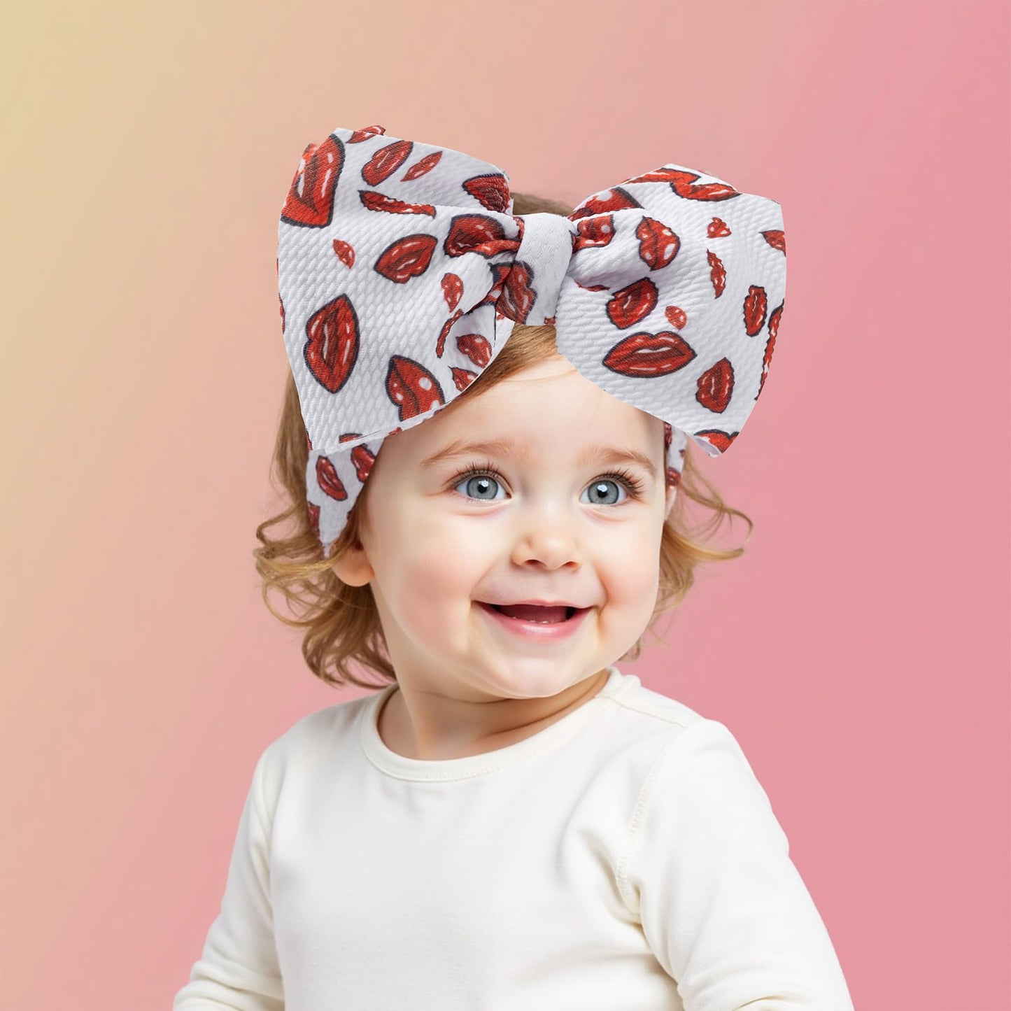 Qfv Baby Girl Bows Newborn Headband Valentines Infant Big Bows For Birthday/Baby Shower/Photography/Baby Gifts (Red & Red Lip)