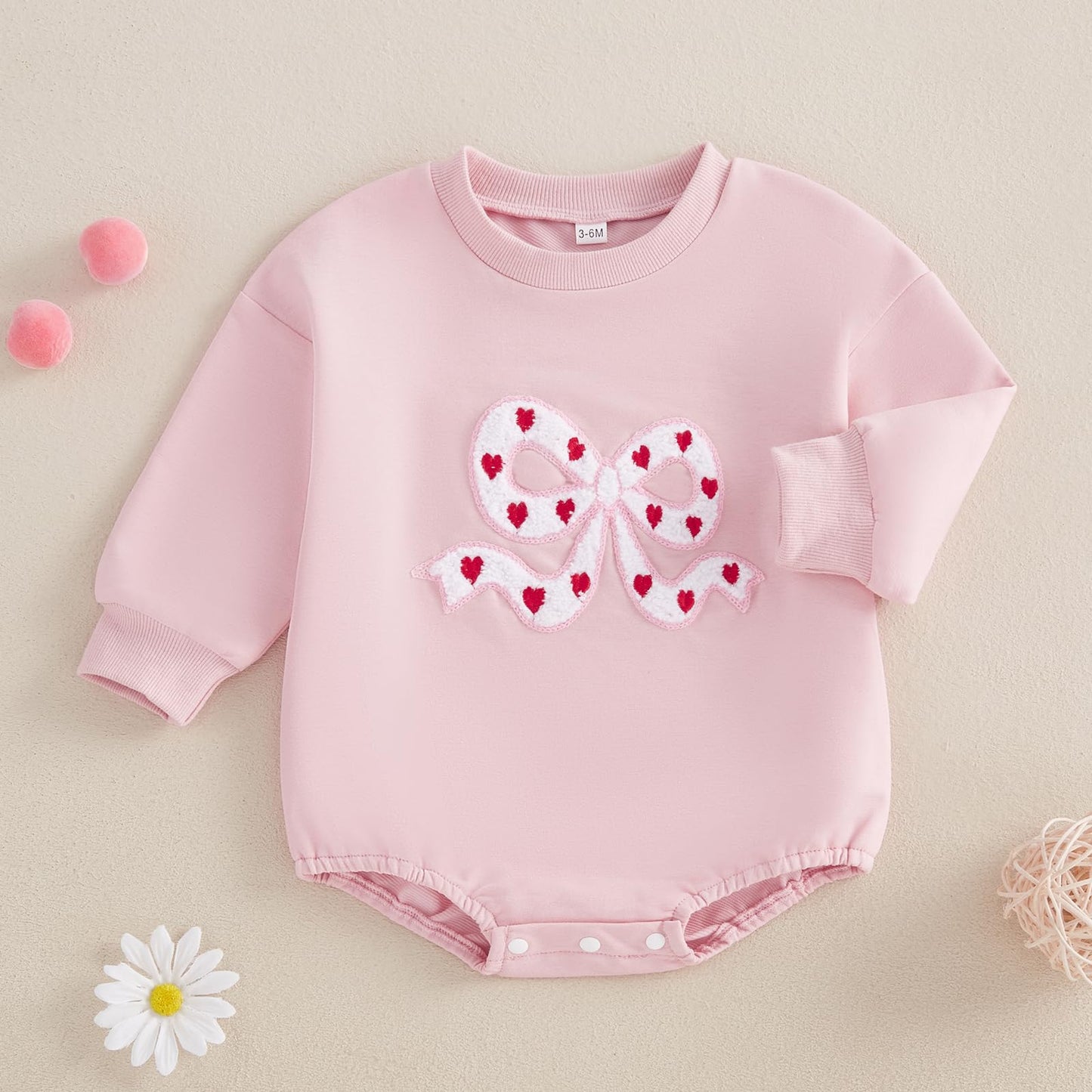 Fiomva Baby Girl Valentines Day Outfit Newborn Bow Heart Bubble Romper Infant Oversized Sweatshirt Spring Fall Clothes (F Bow He