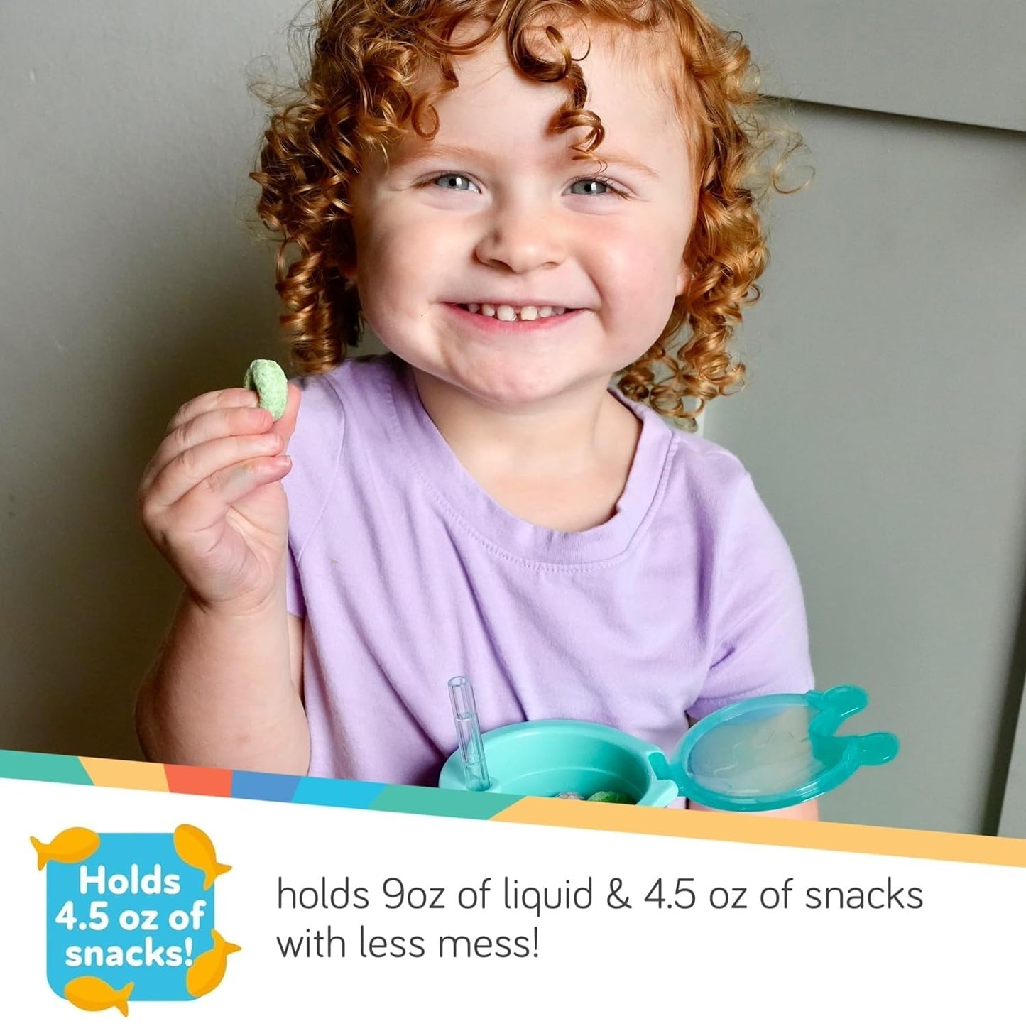 Nuby All In One Snack Bowl And No Spill Soft Straw Cup - 2 Pack Pink Butterflies & Aqua Fruits - Snack N' Sip, Holds: 4.5 Oz Con