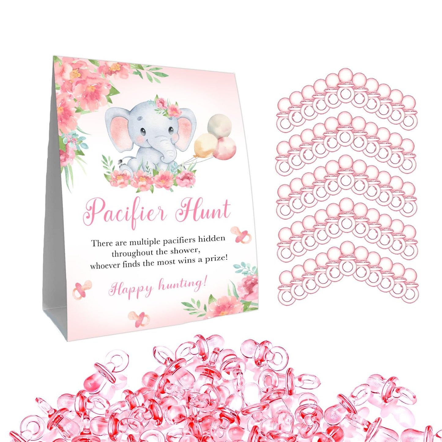 Guawubiang Pacifier Hunt Sign, Mini Pacifiers Baby Shower Game Set, 50Pcs Pink Girl Baby Shower Game Decorations Set, Cute Eleph