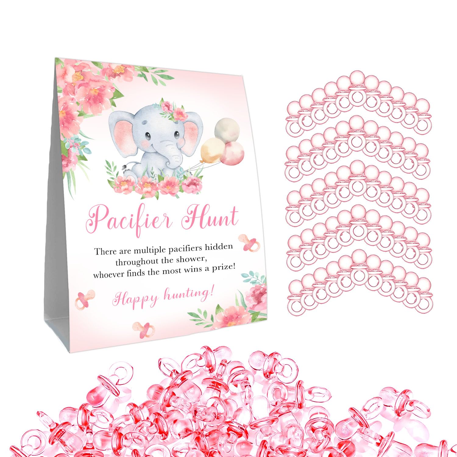 Guawubiang Pacifier Hunt Sign, Mini Pacifiers Baby Shower Game Set, 50Pcs Pink Girl Baby Shower Game Decorations Set, Cute Eleph