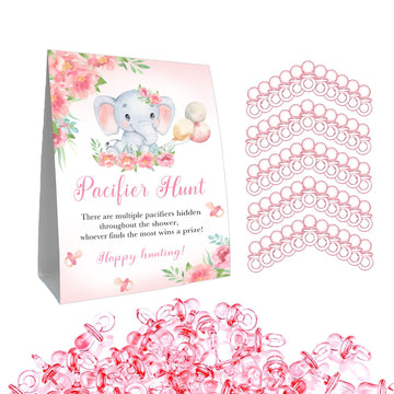 Guawubiang Pacifier Hunt Sign, Mini Pacifiers Baby Shower Game Set, 50Pcs Pink Girl Baby Shower Game Decorations Set, Cute Eleph