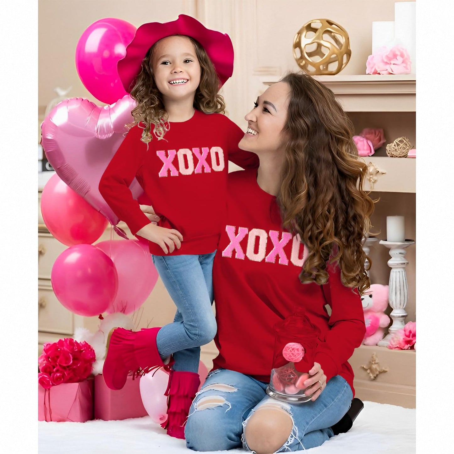 Ag Aguu Mommy And Me Valentines Day Sweatshirts Glitter Patch Xoxo Shirts Family Matching Outfits Long Sleeve Pullover Top(Kid-R