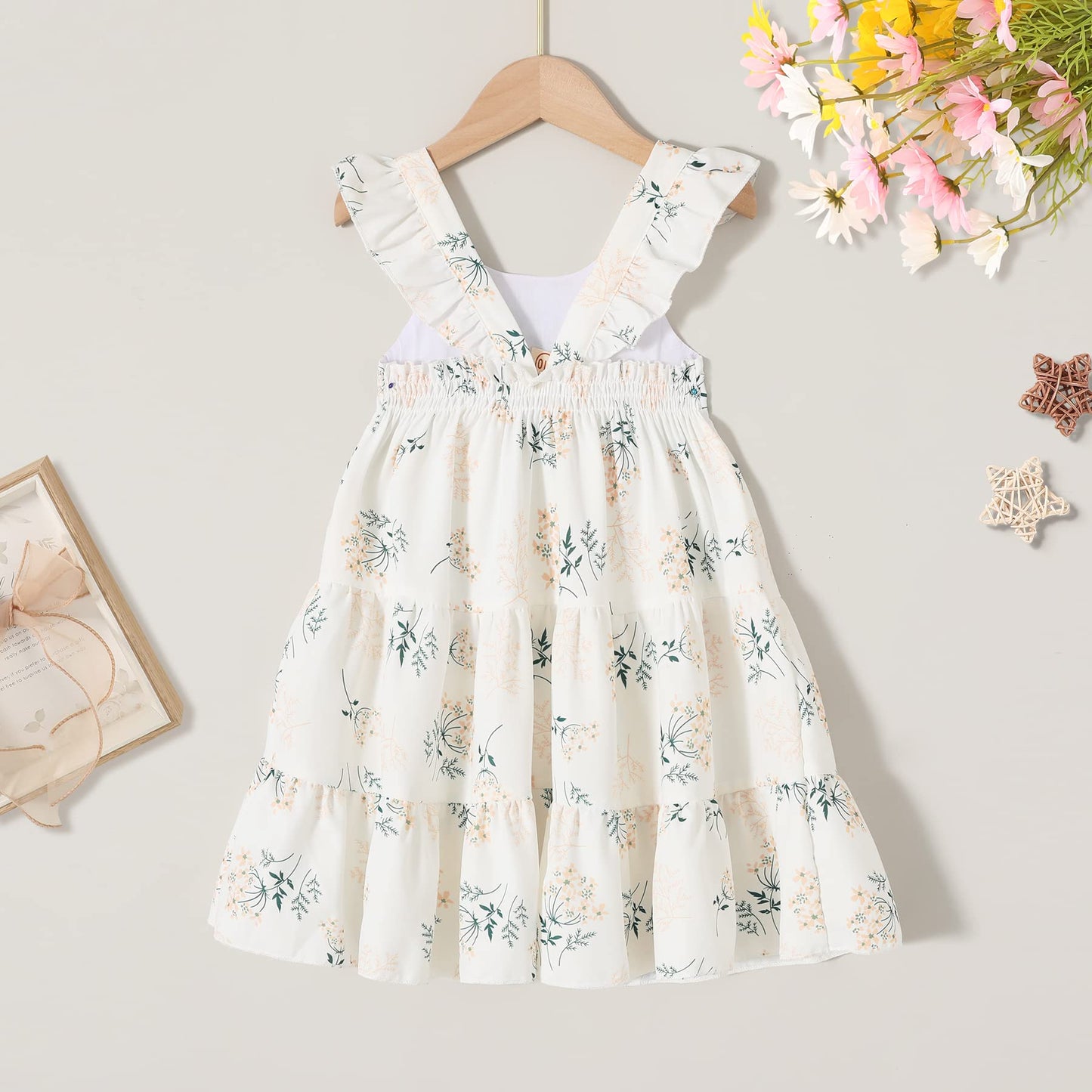 Younger Tree Toddler Baby Girls Infant Clothes Floral Flutter Sleeve Princess Dress Summer Cotton Line Skirts For Girls(5-6T,Whi