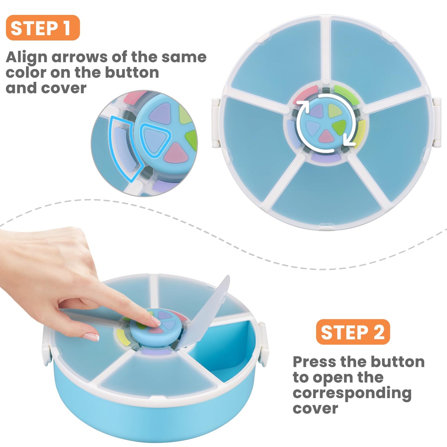 Pawtong Kids Snack Spinner Container Reusable Snack Box With 5 Compartment Dispenser And Lid, Color Matching Opening Lid, Bpa An