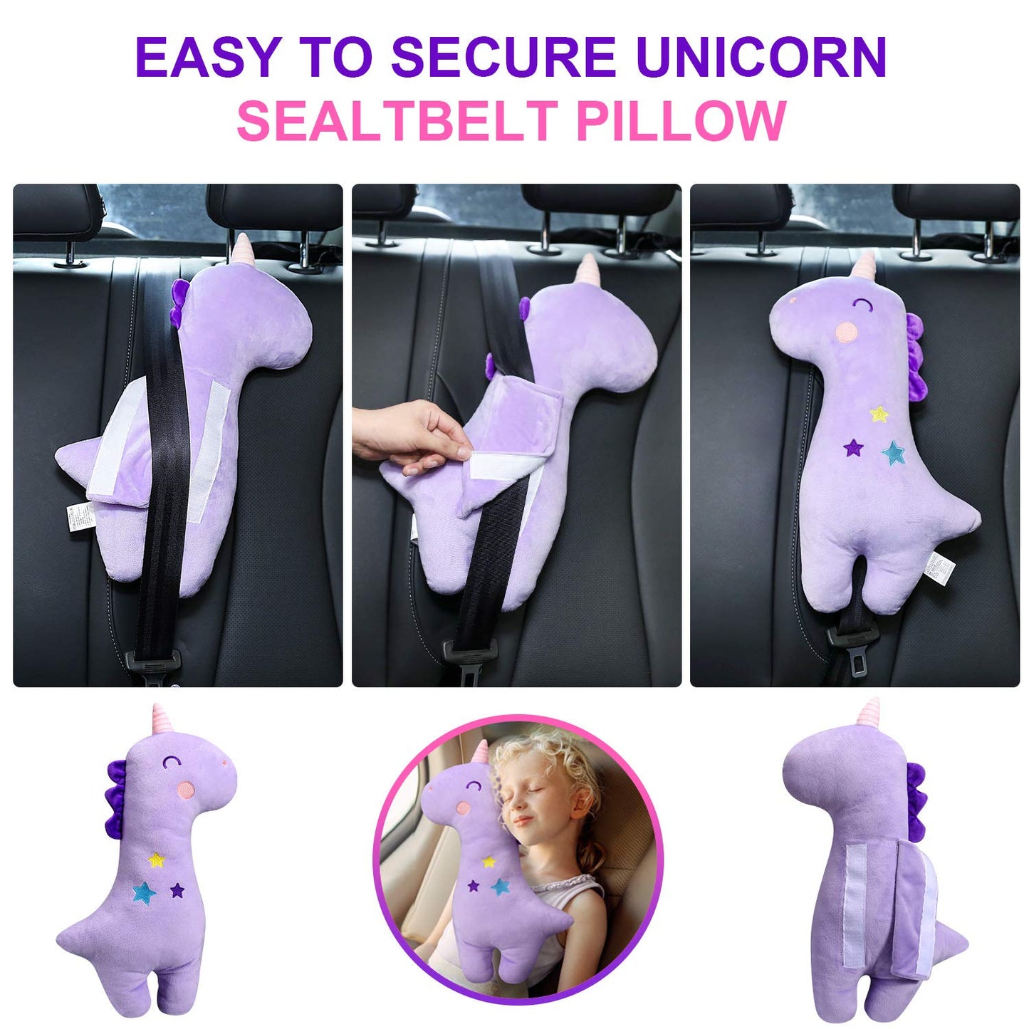 Farochy Unicorn Seat Belt Pillow Kids Cover, Vehicle Shoulder Pads, Car Seatbelt Cushion for Kids, Strap Pillows Animal Travel (