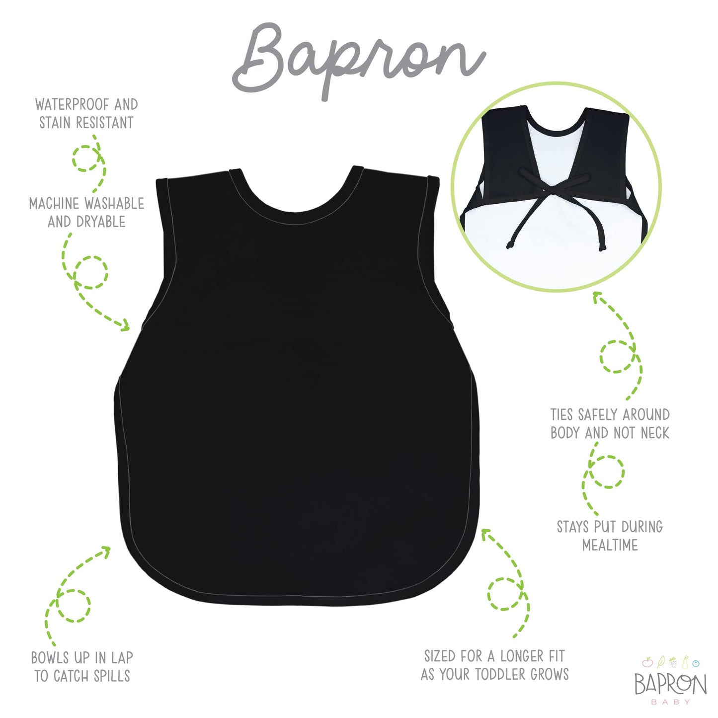 Bapronbaby Minimalist Black Bapron - No Neck Tie Safer Bib For Baby & Toddler - Soft Waterproof Stain Resistant - Machine Washab