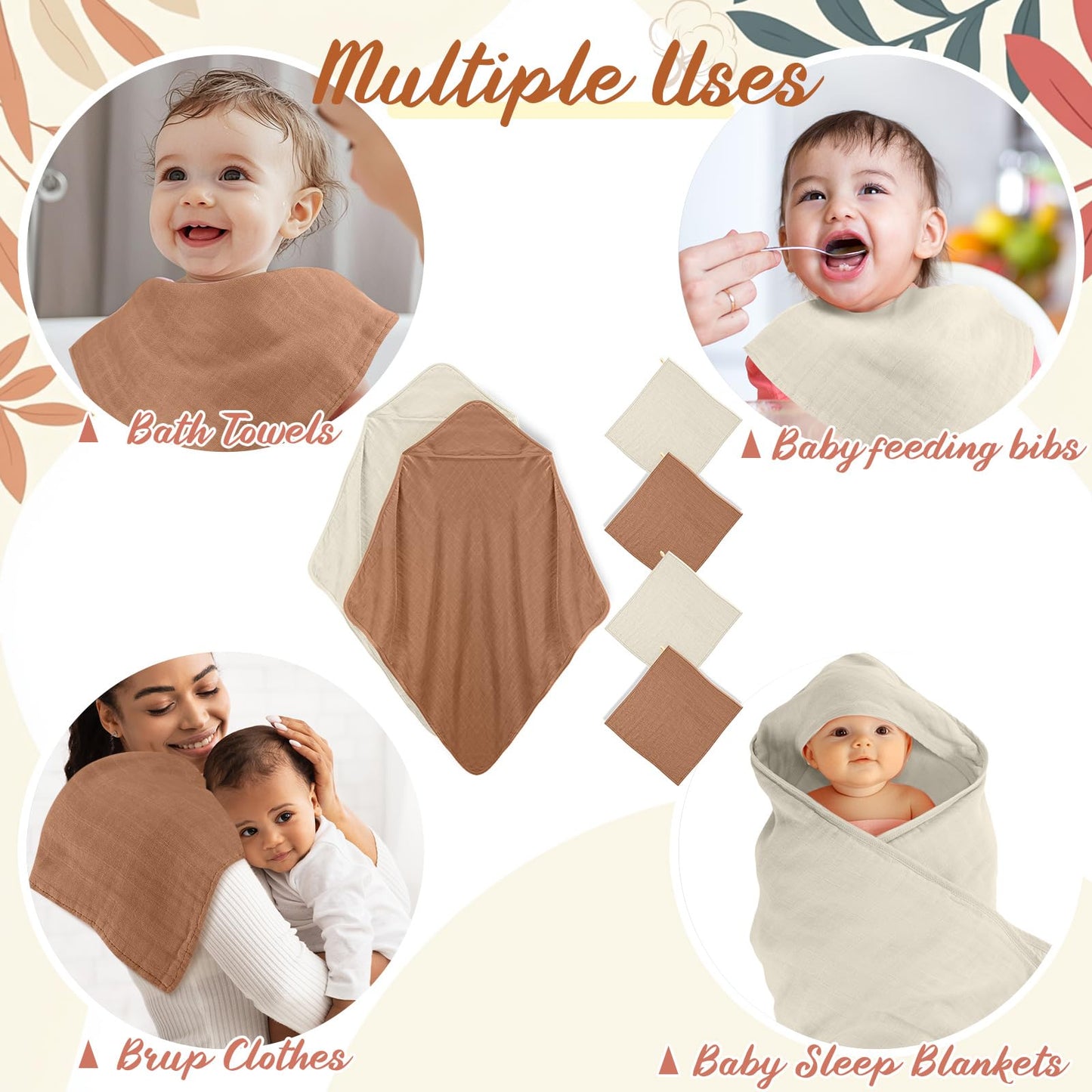 Preboun 6 Pcs Baby Muslin Hooded Bath Towels And Washcloths 32 X 32 Inch Cotton Baby Bath Towel With Hood Absorbent 11 X 11 Inch