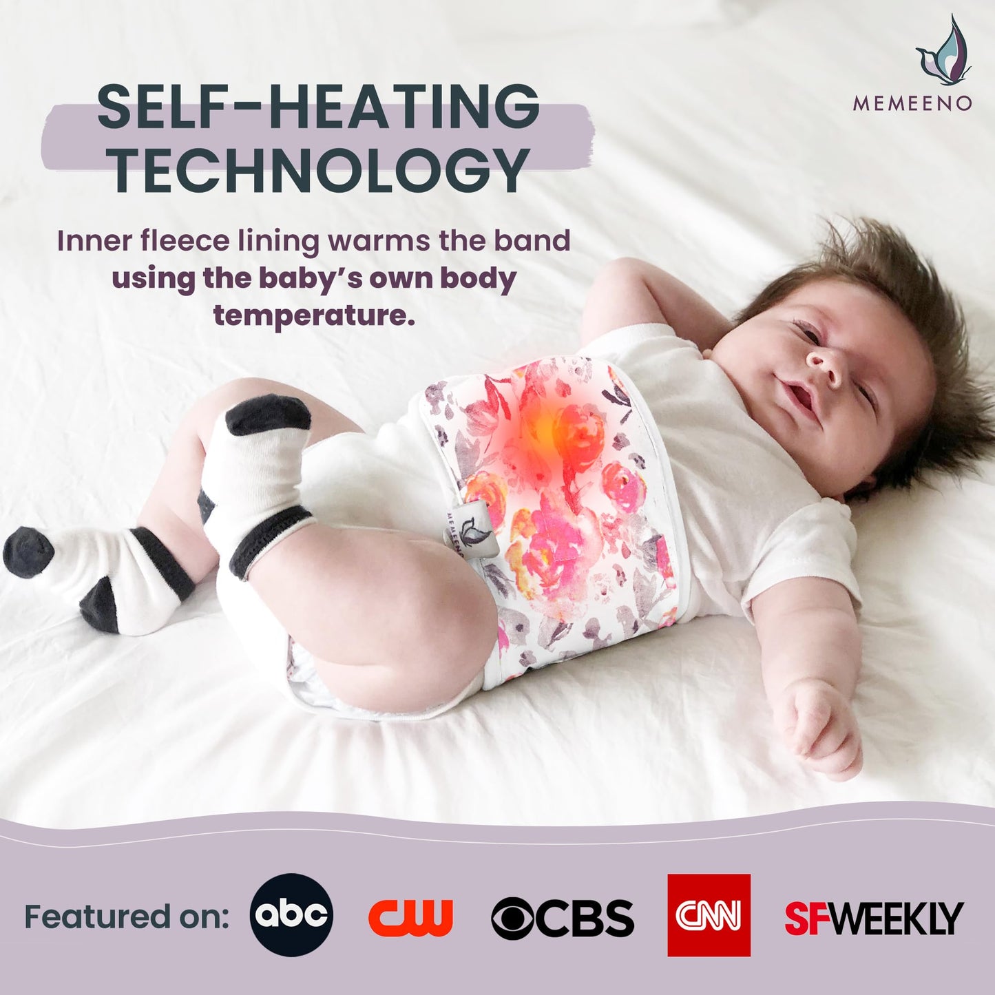 Memeeno Baby Belly Band For Gas And Colic Relief - Heating Pad, Tummy Wrap For Infants And Newborns, Floral
