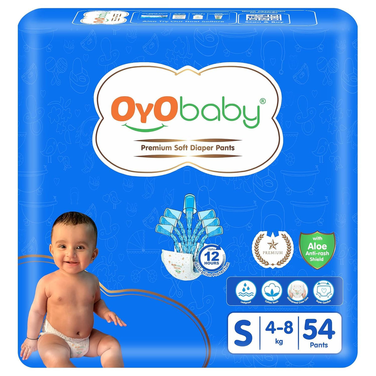 Oyo Baby Pant Style Baby Diapers, Pack Of 1  Small (S), 54 Count, For Babies 48Kg, With Aloe Vera Lotion For Rash Protection &