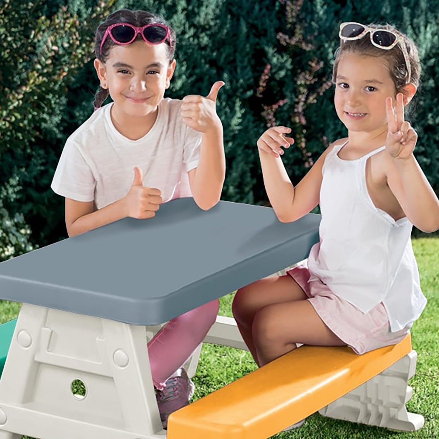 DOLU: Picnic Table for 4: White, Green, Yellow - Indoor/Outdoor, Bench Seating, Durable Waterproof Plastic Toy, 30.3 x 28 x 17,