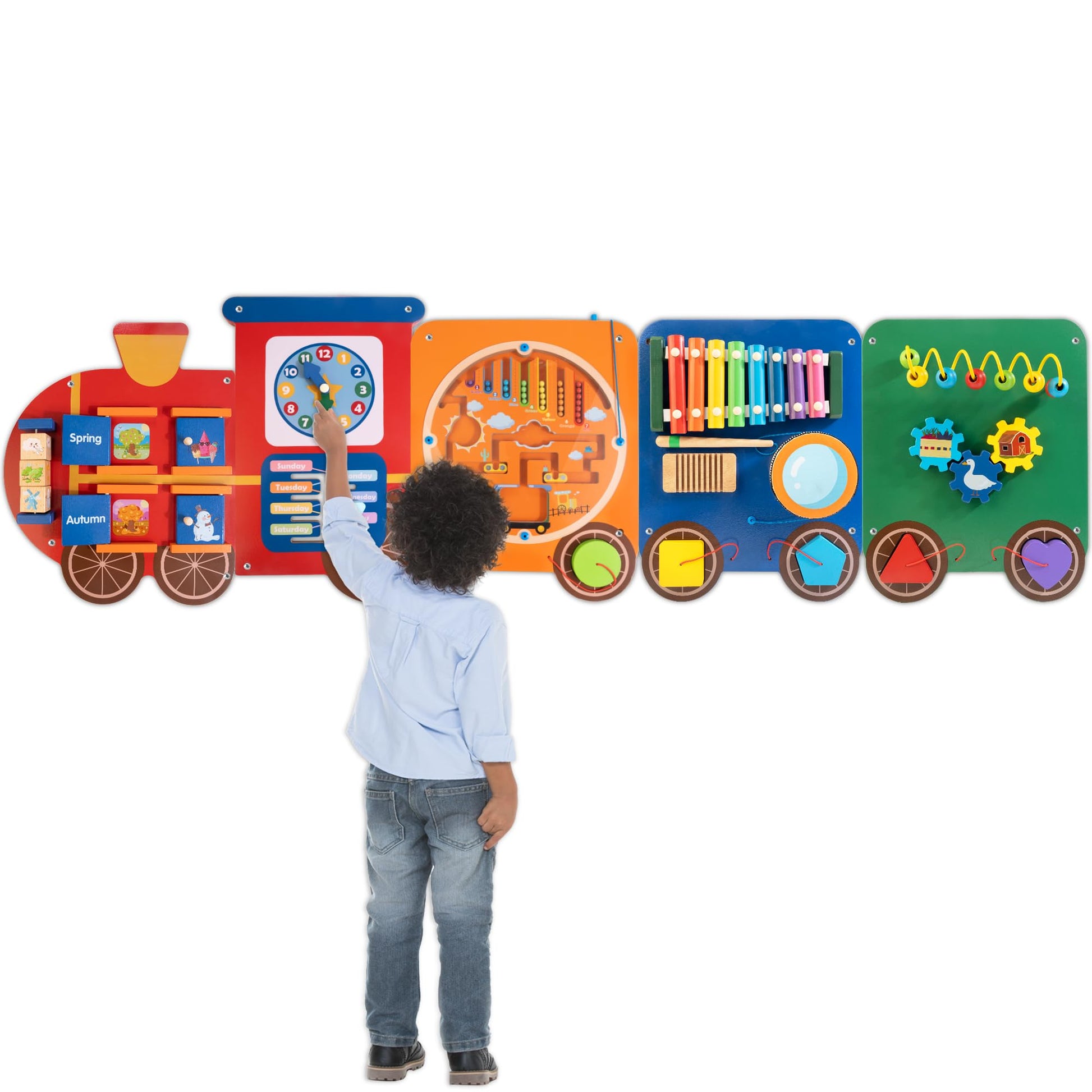 Train Activity Wall Busy Board Panels | 11-in-1 Wooden Sensory Wall Panel for Kids, Toddler Montessori Learning Activity Center,