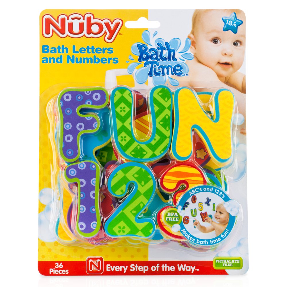 Nuby Floating Bath Tub Alphabet and Numbers Set - Soft Foam Waterproof Letters and Numbers - 36 Pieces - Educational Bath Toys f