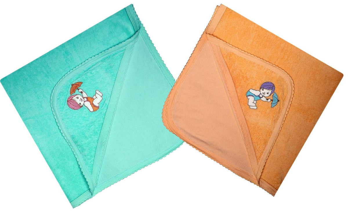 MITWA Enterprises Soft Cotton Baby Hooded Towels  Pack of 2 (Green || Orange)