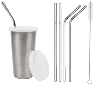 Parabrahma Stainless Steel Sipper/Sippy Cup With Straw Glass With Gum Protection For Kids 4 Straw And 1 Cleaning Brush (370 Ml, 