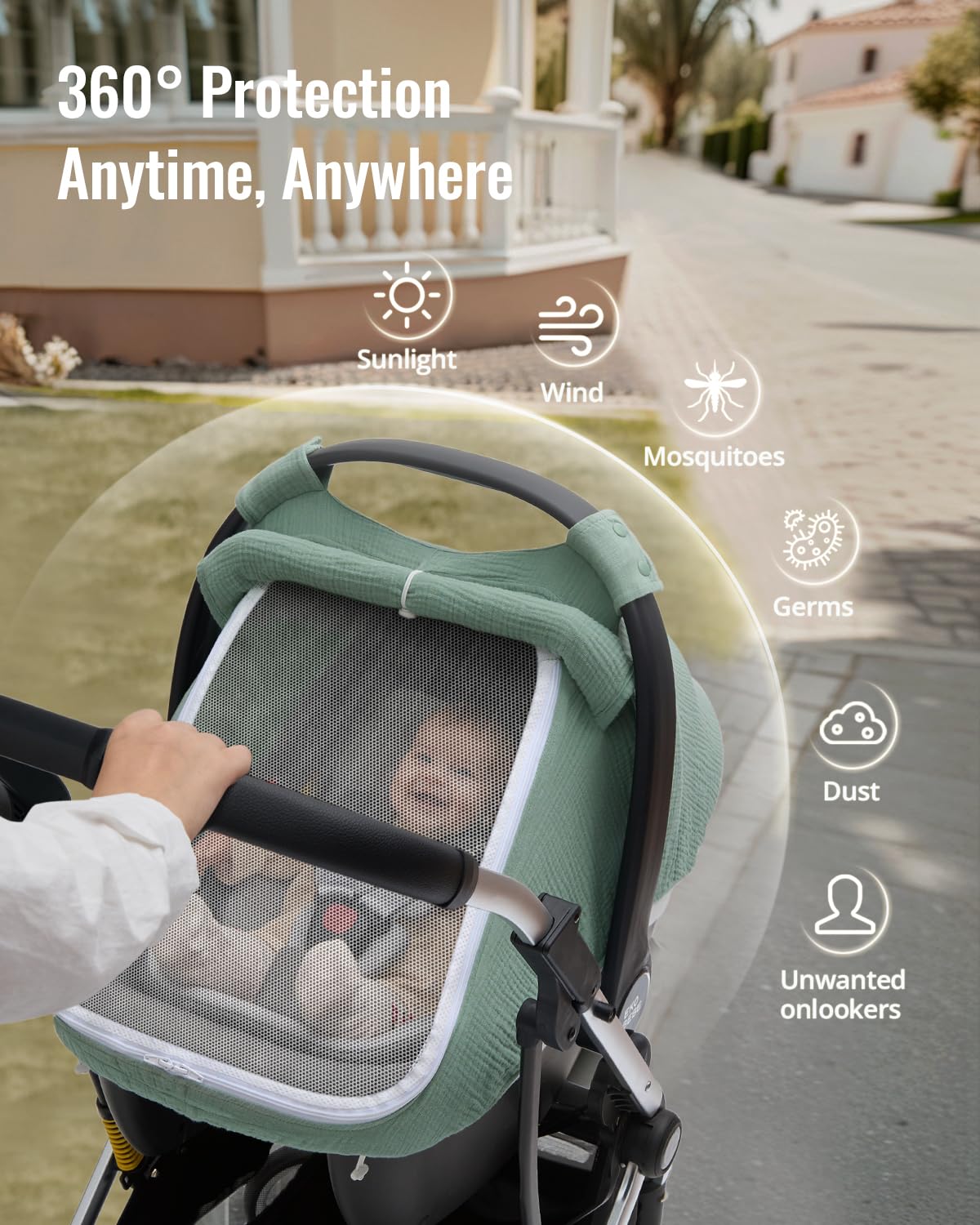 Blissful Diary Baby Car Seat Cover, Extra Large Mesh Window, Breathable Muslin Cotton, Infant Windproof Canopy - Roman Green