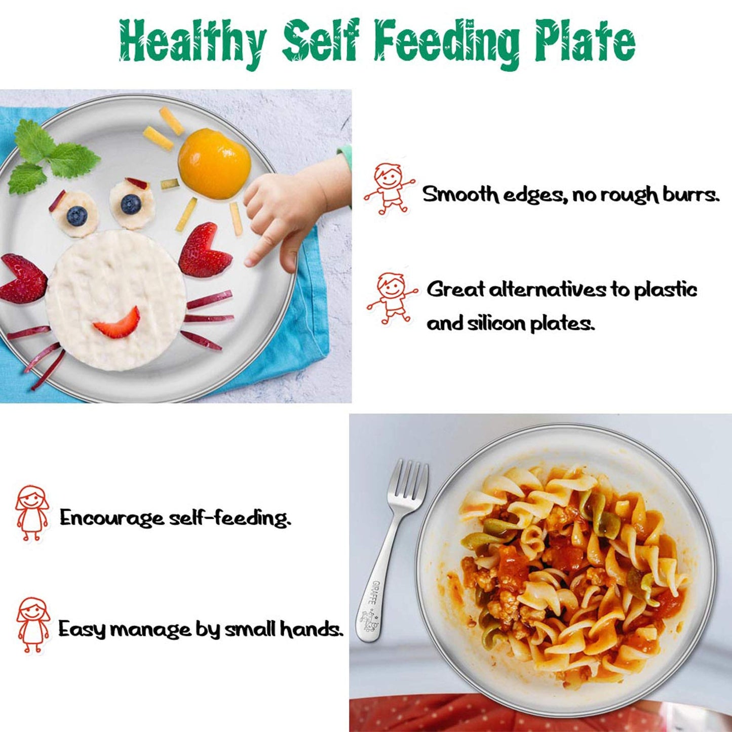 E-Far Stainless Steel Plates Set Of 4, 8-Inch Metal Dinner Plates For Kids Toddlers, Great For Self-Feeding/Picnic/Outdoor Campi