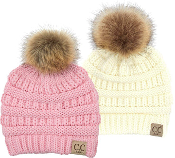 Funky Junque Exclusives Newborn Pom Pom Beanie Hats 2 Pack Warm Knit Winter Infant Hats With Faux Fur Pom, Ivory & Pale Pink