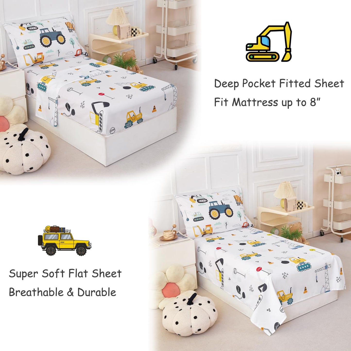 Perfemet Car Printed Toddler Comforter Set, 4 Pieces Toddler Bedding Sets For Boys, Reversible Tractors Pattern Teen Boy Bed In