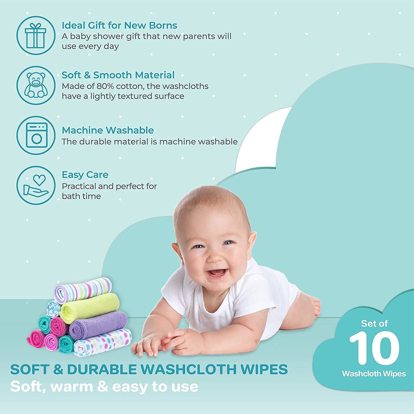 Spasilk Washcloth Wipes Set For Newborn Boys And Girls, Soft Terry Washcloth Set, Pack Of 10, Aqua Bubbles, (010-1201)