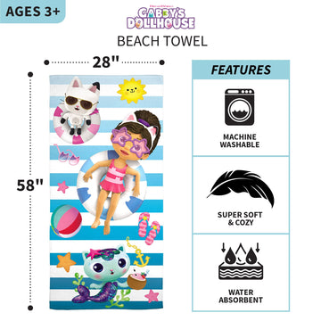 Franco Dreamworks Gabby'S Dollhouse Super Soft Cotton Bath/Pool/Beach Towel, 58 In X 28 In, (Official Licensed Gabby'S Dollhouse