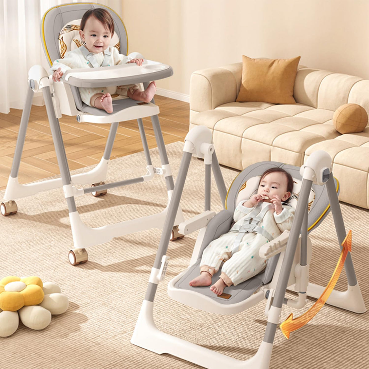 R For Rabbit Marshmallow Smart 2In1 High Chair With Swing For Baby, Adjustable Height, Dual Tray, Reclinable Backrest & Footre