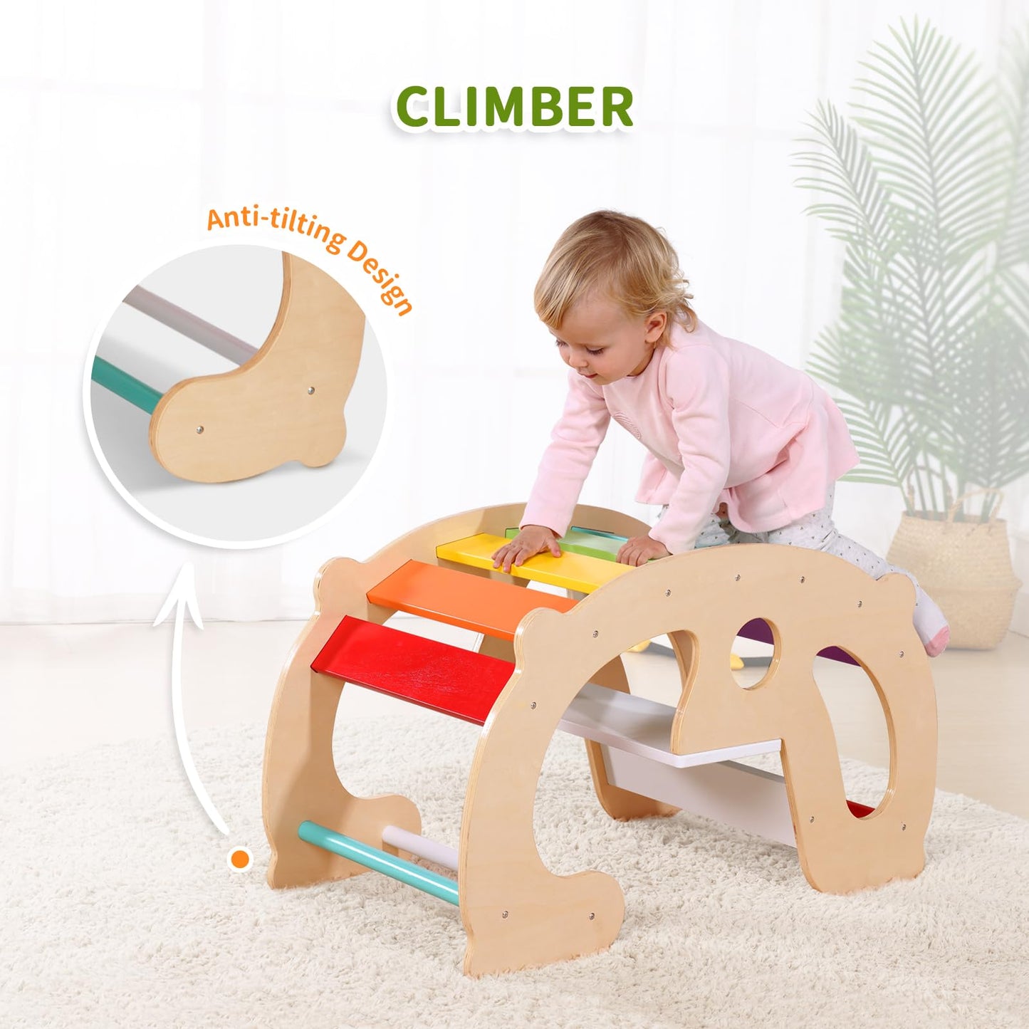 Oook 2 In 1 Rainbow Climbing Toys - Pikler Montessori Climbing Set, Wooden Rocking Horse Toy, Children Indoor Outdoor Play Gym L