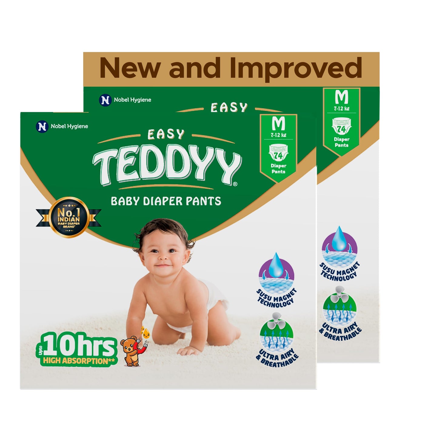Teddyy Easy Baby M Size Diaper Pant Style | 148 Count (Medium) | 712 Kg (Pack Of 2) | Long Protection Hours | AntiBacterial | 