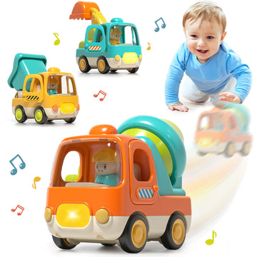 PANITU Baby Toys Push Cars for 1 2 3 Year Old Friction Powered Construction 3 Pack Friction Vehicle Set Excavator Dumper Cement 