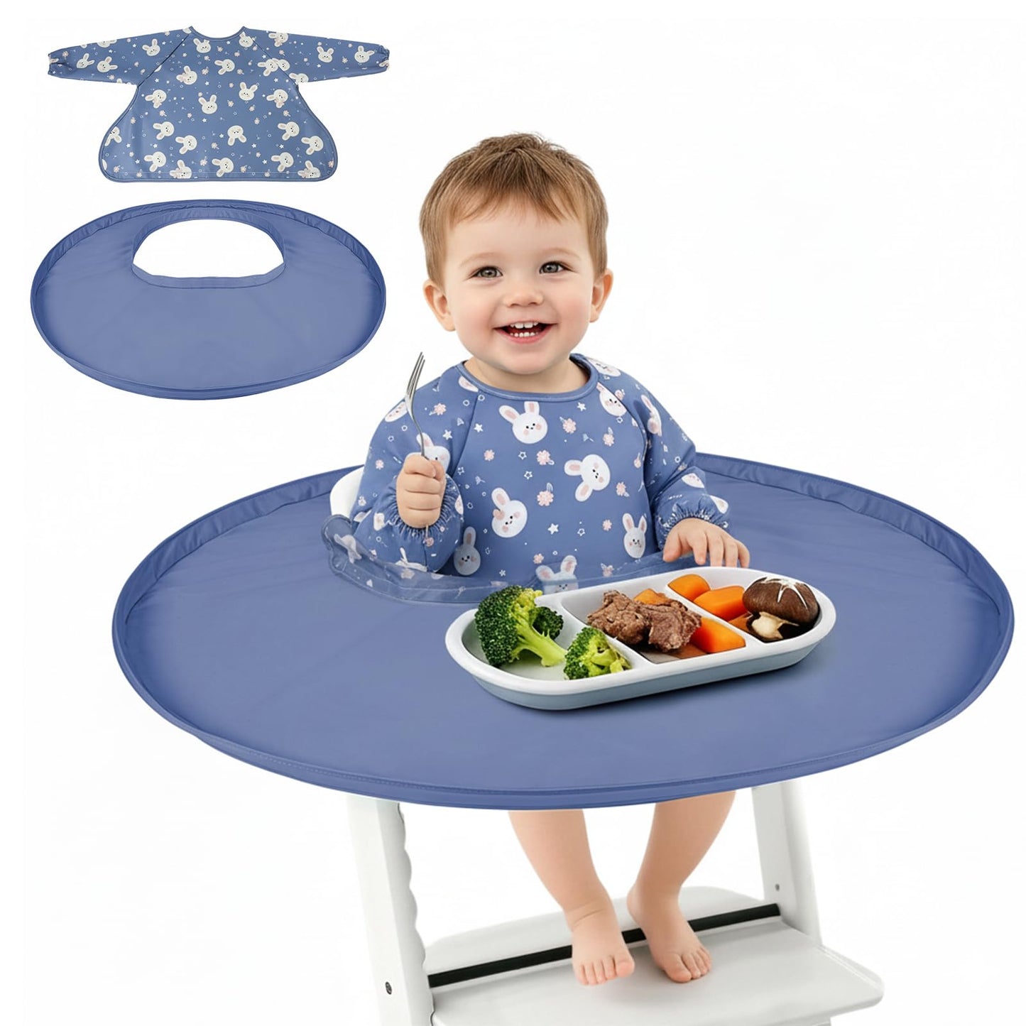 RICHER HOUSE Coverall Baby Feeding Bib, for High Chair Food Catcher, Long Sleeves Eating Bib for Highchair and Table, Detachable