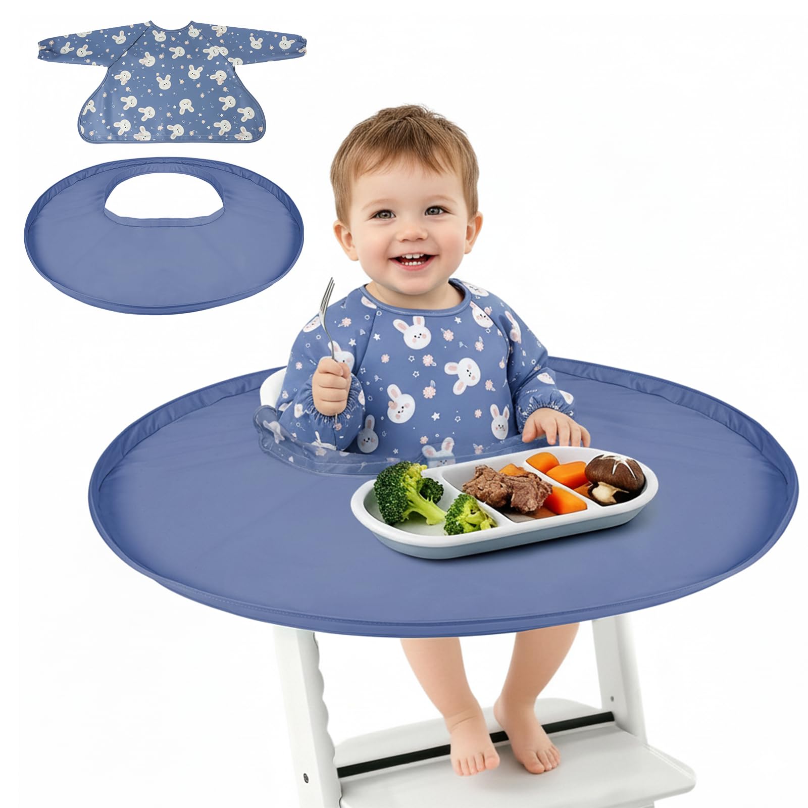 RICHER HOUSE Coverall Baby Feeding Bib, for High Chair Food Catcher, Long Sleeves Eating Bib for Highchair and Table, Detachable