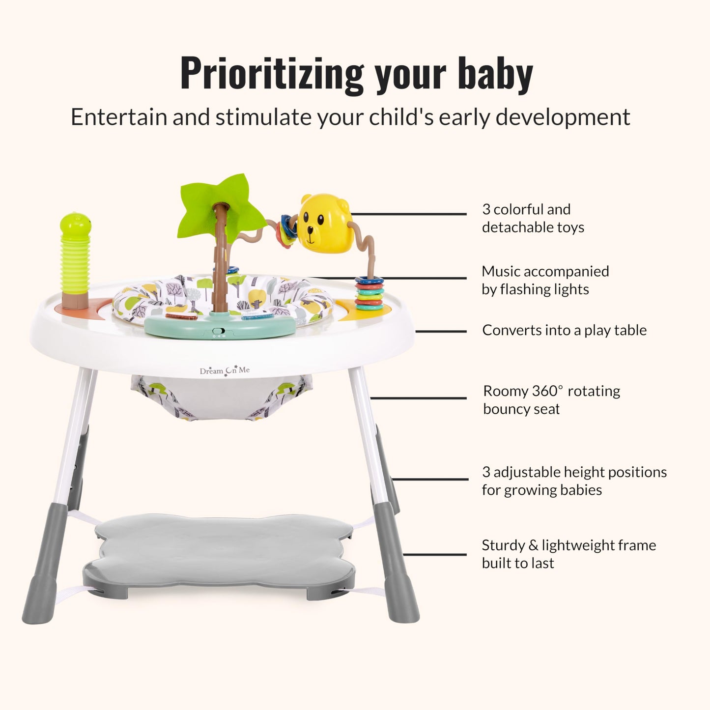 Dream On Me Curio Sit N Seek Baby Activity Center in Lime, 2 in 1 Activity Center and Play Table with 3 Detachable Toys and Musi