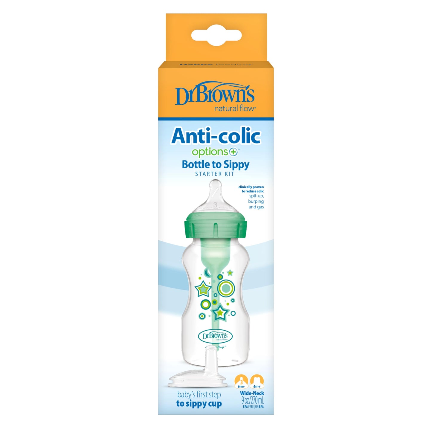 Dr. Brown'S Natural Flow Anti-Colic Options+ Wide-Neck Sippy Bottle Starter Kit, 9Oz/270Ml, With Level 3 Medium-Fast Flow Nipple