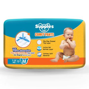 Amazon Brand  Supples Comfy Diapers, Medium (M), 34 Count, 712 Kg, 10 Hrs Absorption And Cottony Soft Material Baby Diaper Pan