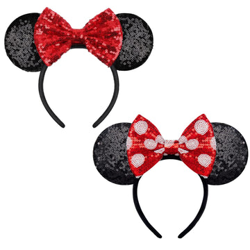 Yuniss 2 Pcs Mouse Ears, Shiny Red Sequin Bow Mouse Ears Headbands For Adult Women Girls Christmas Birthday Party (Red&Dot Bow)
