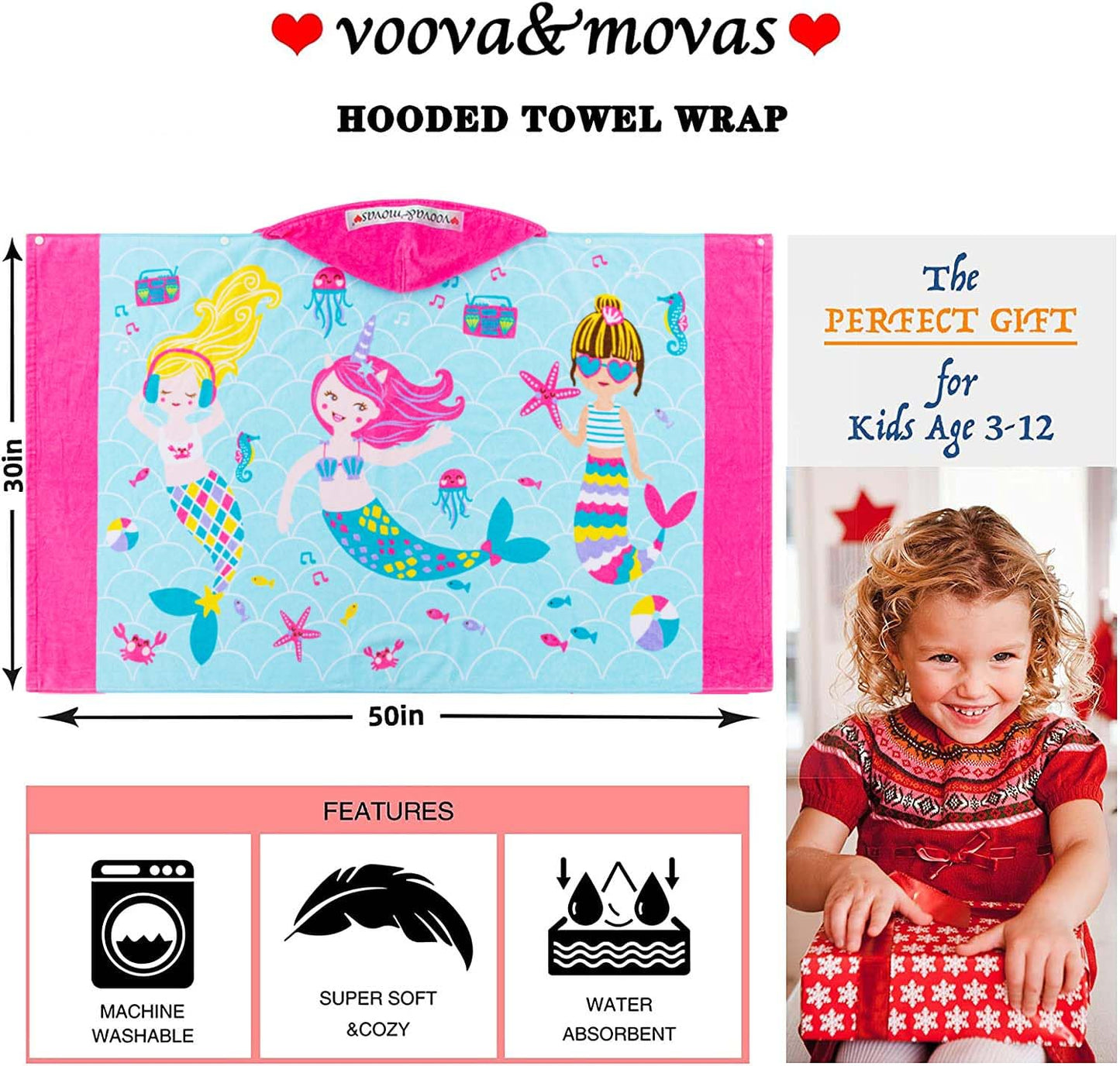 Voova & Movas Hooded Beach Towels For Kids | Soft Thick Absorbent Cotton Beach | Pool | Bath Towels For Ages 3-10, Narwhal Whale