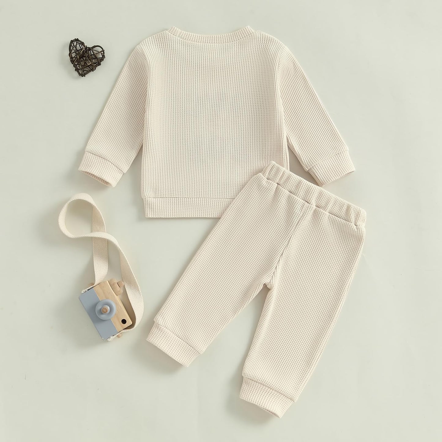 Lesimsam Toddler Baby Boy Valentine'S Day Outfit Letter Embroidery Long Sleeve Waffle Knit Sweatshirt And Pants Set(Apricot, 6-1