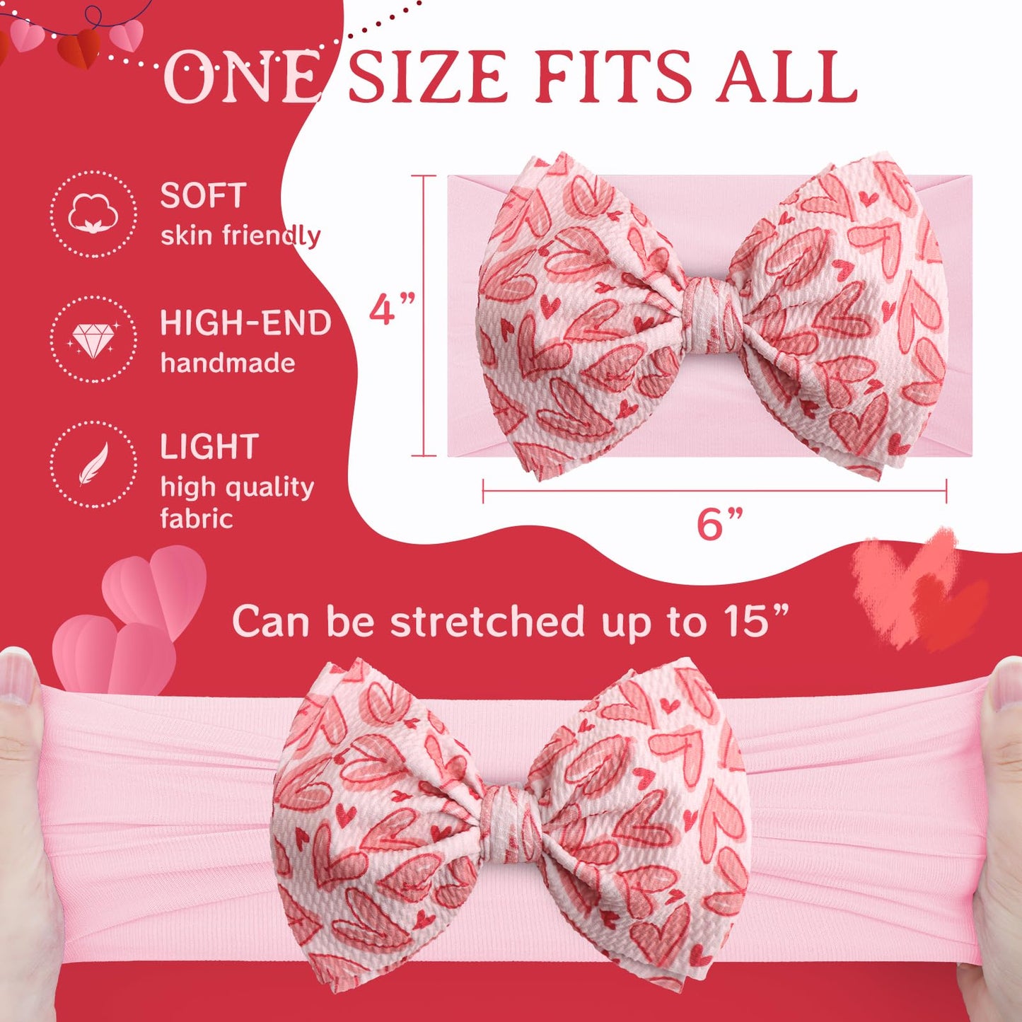 Oneninedream Valentines Bows For Baby Girls 6'' Large Nylon Headband Handmade Hairbands With Bows Red Light Pink Heart Valentine