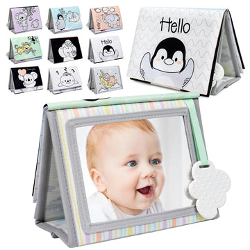 Dr.Rapeti Soft Tummy Time Book Baby Safe Mirror with Teether Crinkle Pages Tummy Time Mirror High Contrast Montessori Sensory To