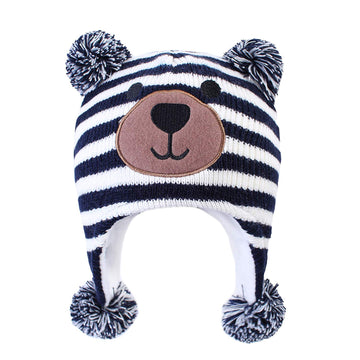 Langzhen Toddler Kids Infant Winter Hat,Earflap Knit Warm Cap Fleece Lined Beanie For Baby Boys (Bear -Navy Stripe, S(46-48Cm/18
