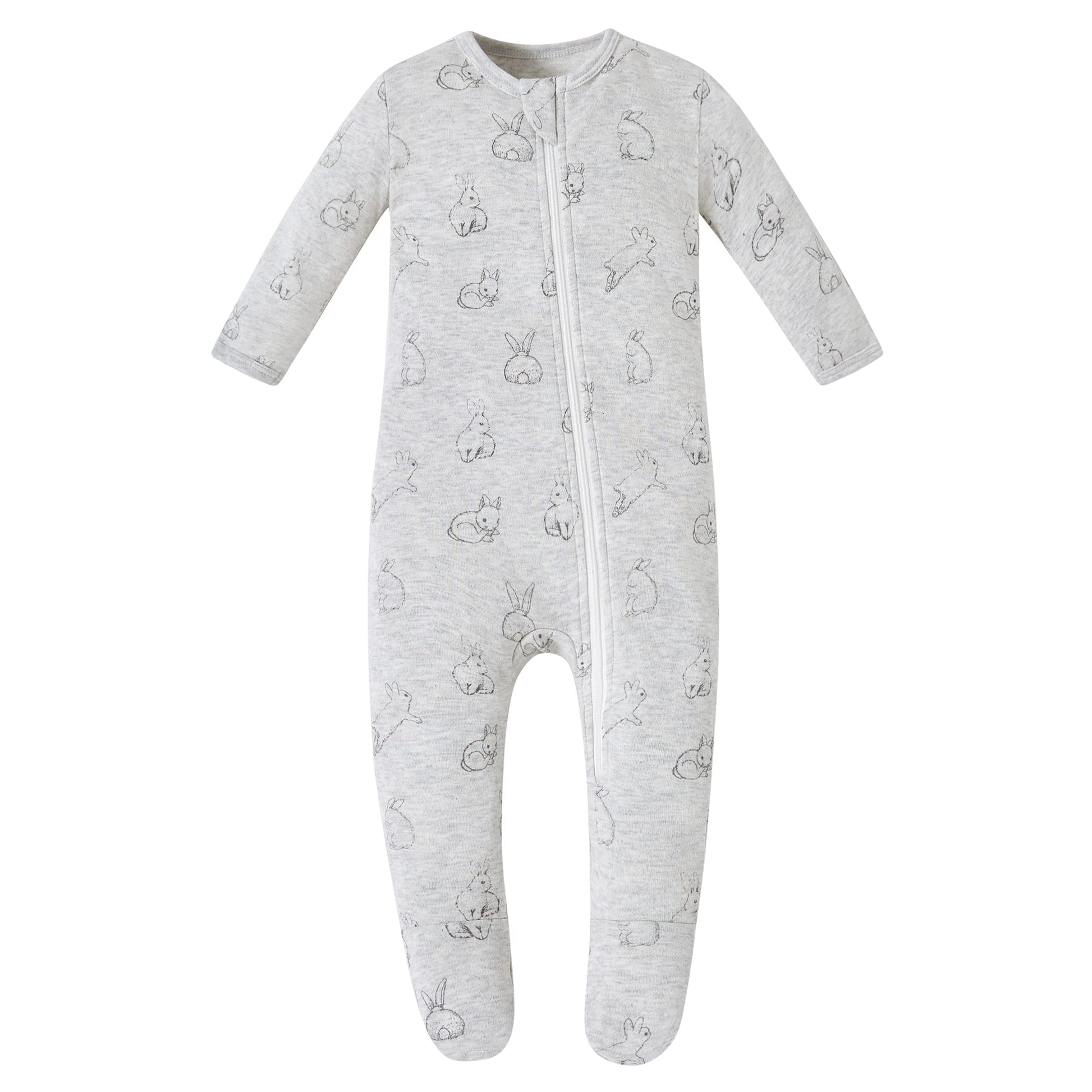 Owlivia Organic Cotton Baby Pajamas, Boys Girls Zip Front Sleep 'N Play, Footed Sleeper, Long Sleeve(3-6 Months, Gray Rabbit)