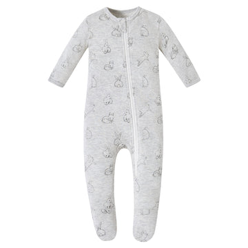Owlivia Organic Cotton Baby Pajamas, Boys Girls Zip Front Sleep 'N Play, Footed Sleeper, Long Sleeve(3-6 Months, Gray Rabbit)