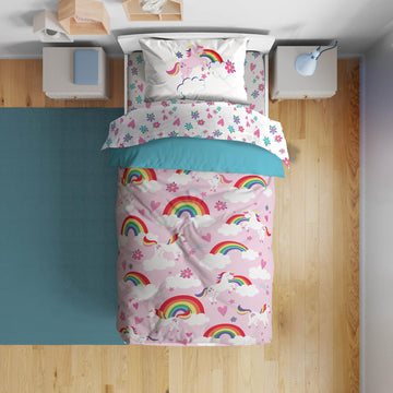 Sunny Side Up Rainbow Unicorns Toddler Comforter Set - 4 Piece Preschool Bedding Includes Comforter, Sheets & Pillow Cover - Sup