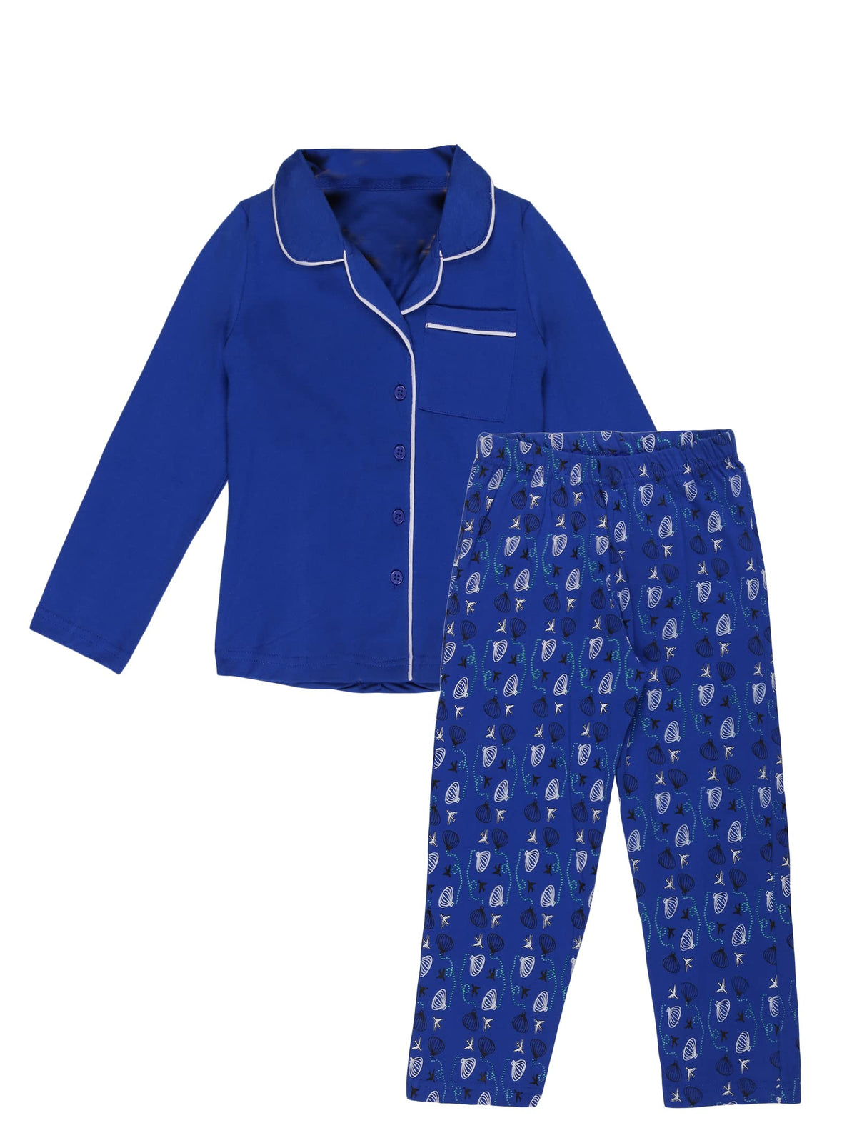 KiddoPanti Girls Front Open Shirt & AOP Pyjama Set, Royal Blue, 46Y