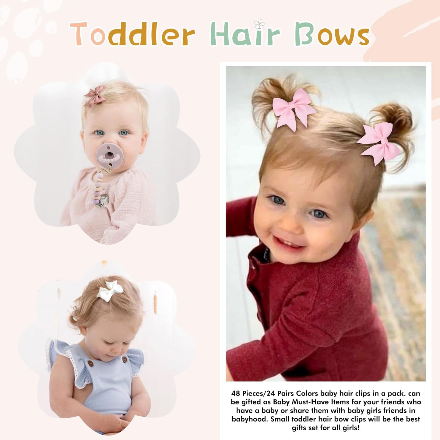 48Pcs 2Inch Hair Clips, Oaoleer Fully Lined Bows Hair Pins Tiny Alligator Clips For Girls Infants Toddlers 24 Colors In Pairs (S