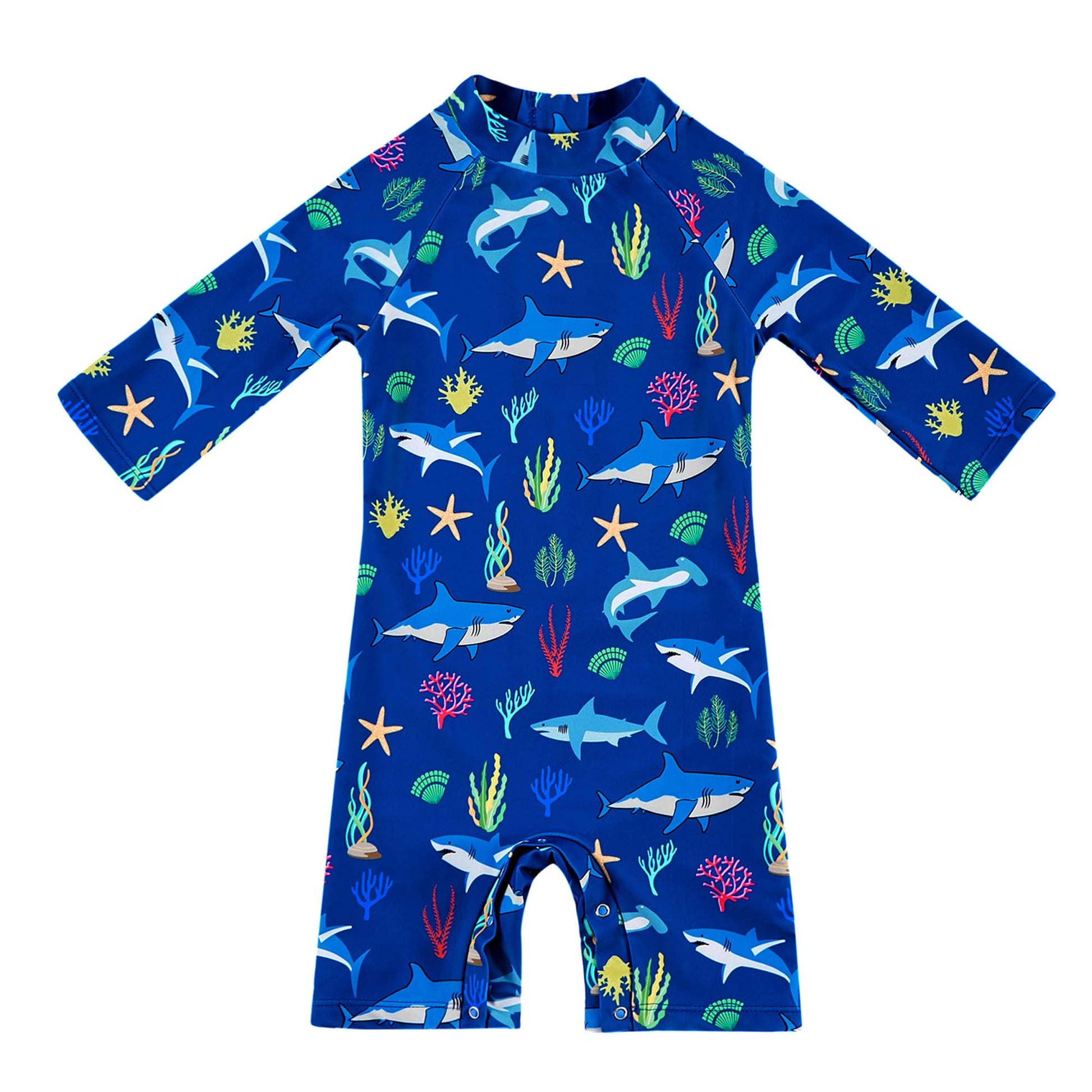 Upandfast Baby Boys Swimsuit Long Sleeve One Piece Swimwear Zip Rash Guard Sun Protection (Blue Shark, 3-6 Months)