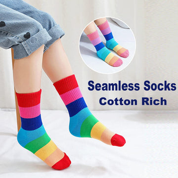 Epeius Girls Seamless Socks Rainbow Striped Crew Socks Baby Girl Cotton Dress Socks For 9-12 Years,Smooth Toes Socks 5 Pack Shoe