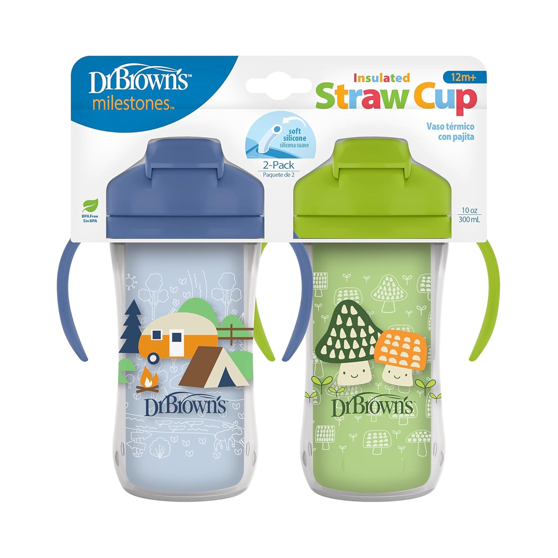 Dr. Brown'S Milestones Insulated Sippy Cup With Straw And Handles, Spill-Proof Tumbler With Lid, 2-Pack, Blue & Green, 10 Oz/300