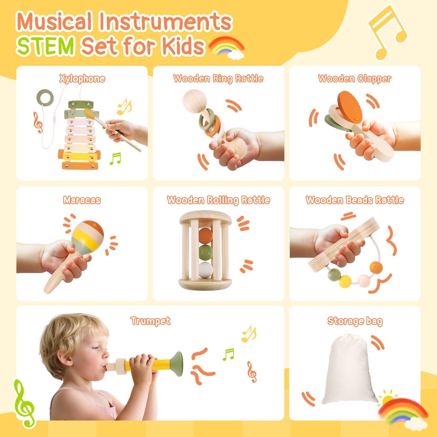 Musical Instruments 7PCS Baby Musical Toys for 18M+ Toddler Toys for 2 3 Years Old Boy Girl Wooden Xylophone Maraca Trumpet Ratt