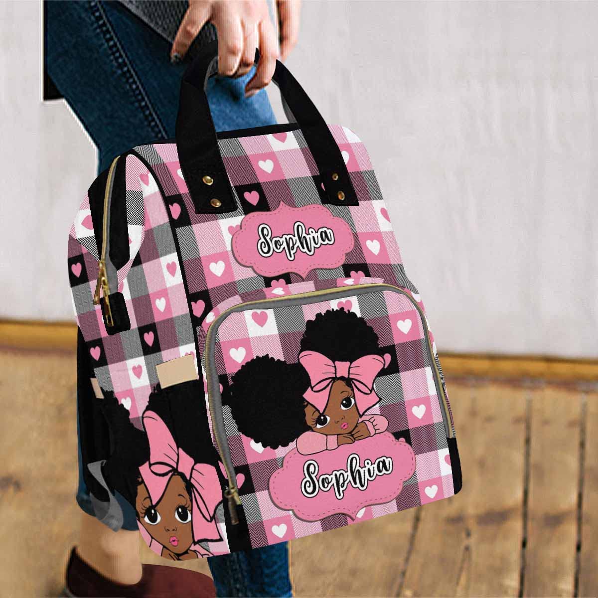 Artsadd Custom Name Baby Diaper Bag From Mom Dad, Personalized Pink Hearts Plaid Baby Backpack With Stroller Straps Large Capaci